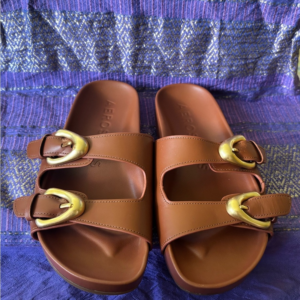 Aerosoles Lynx Leather Slides - 7.5 - Brown Leather Double-Buckle Slide Sandals